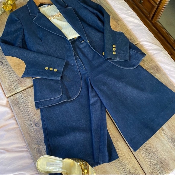 VTG 70s Dark Raw Denim Wide Leg Bermuda Shorts & Coordinated Blazer Set, sz 6/8 - Picture 12 of 16